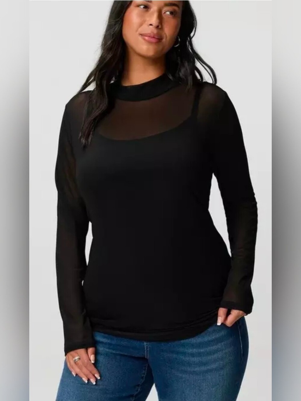 Black Mesh Sheer Long-Sleeve Top